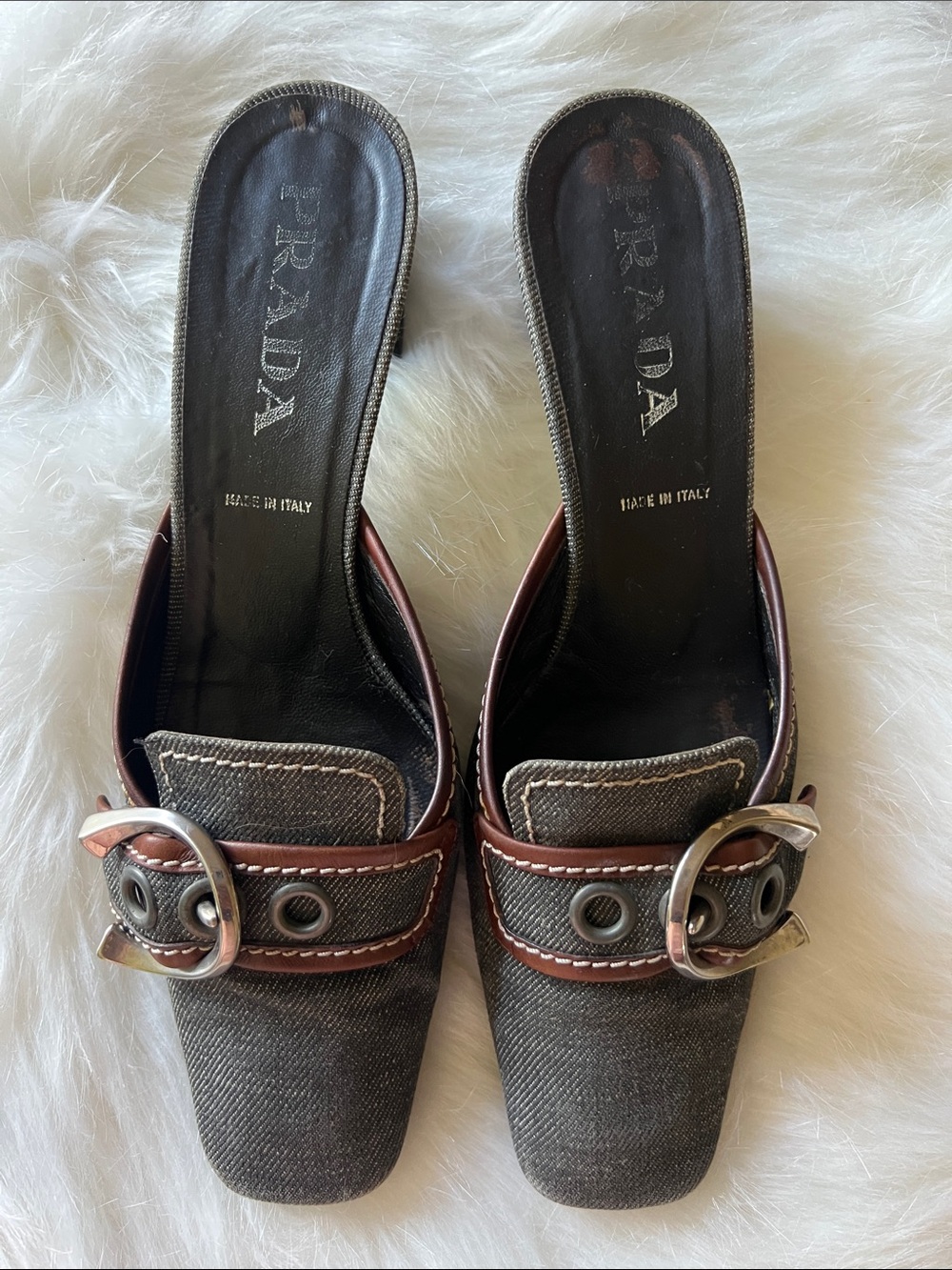 📞💾🗝️📠Vintage Prada Dark Canvas & Leather Buckle Mule Slides